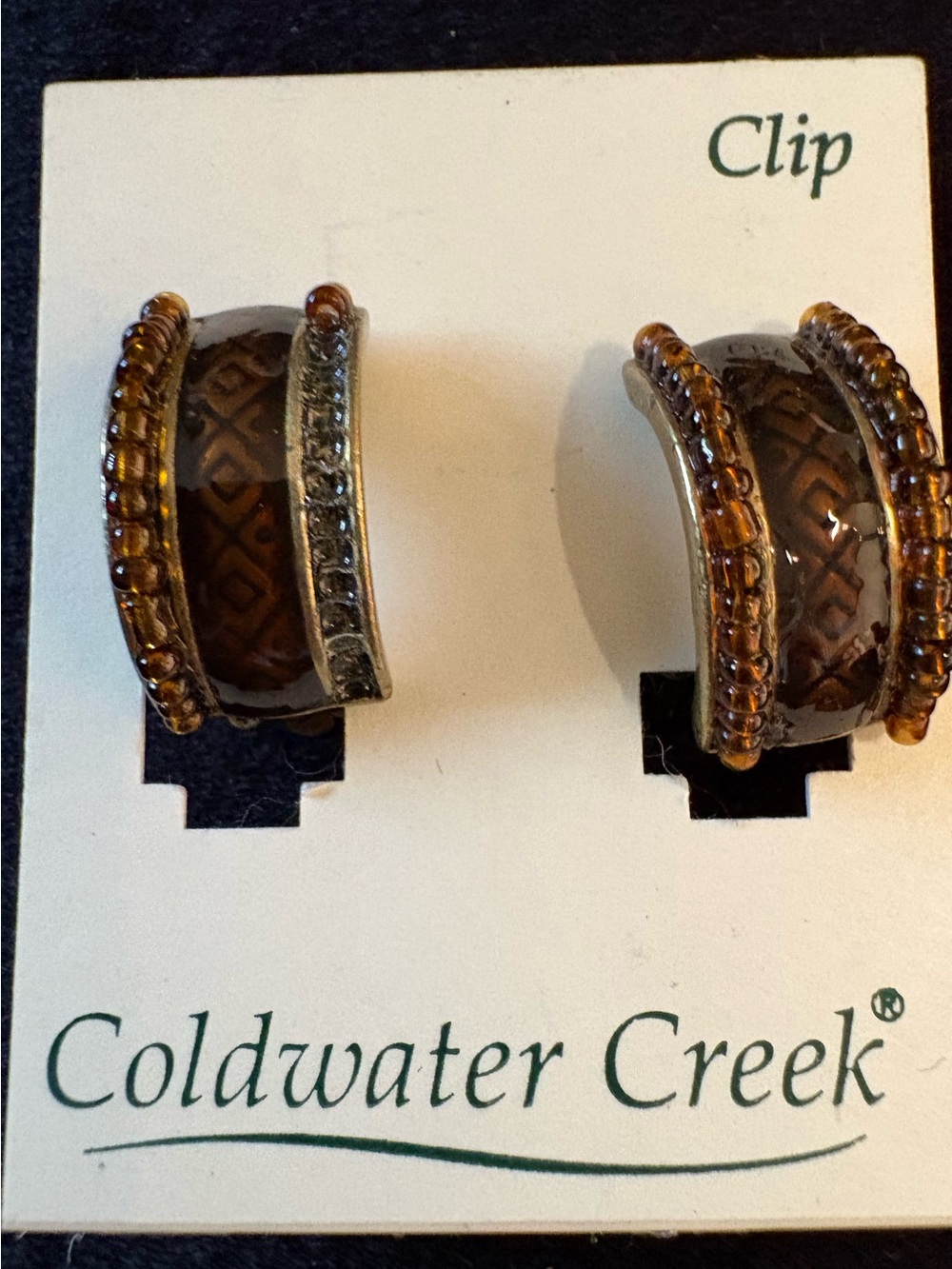 Coldwater Creek Vintage Boho Bead & Enamel Carved Clip-On Hoop Earrings NWT